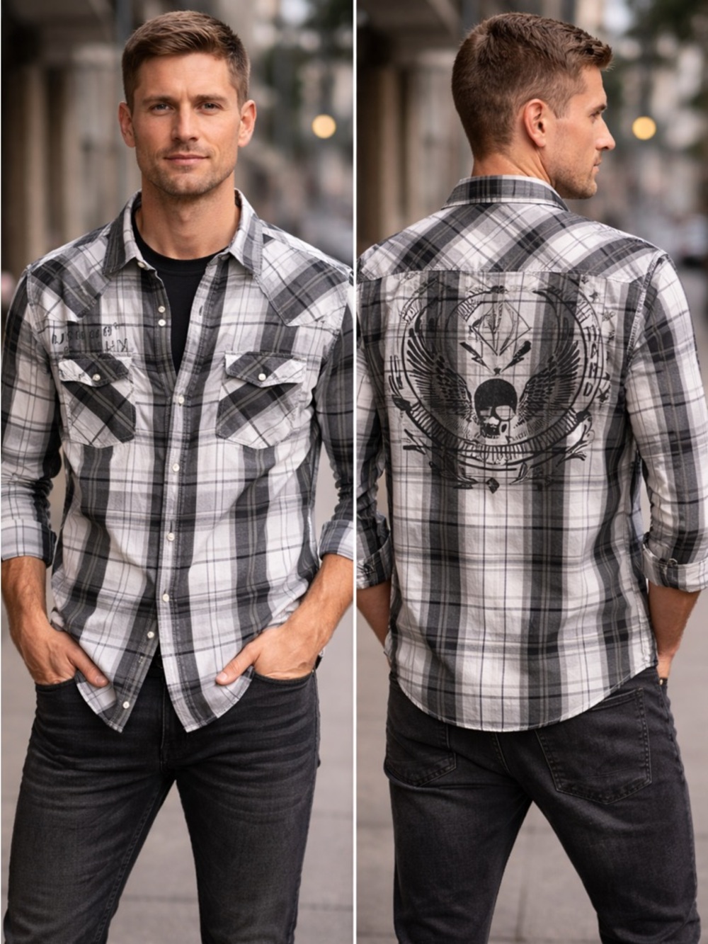 Men’s Helix Plaid Snap Button Down Shirt | Skull Insignia | Black Gray White | M